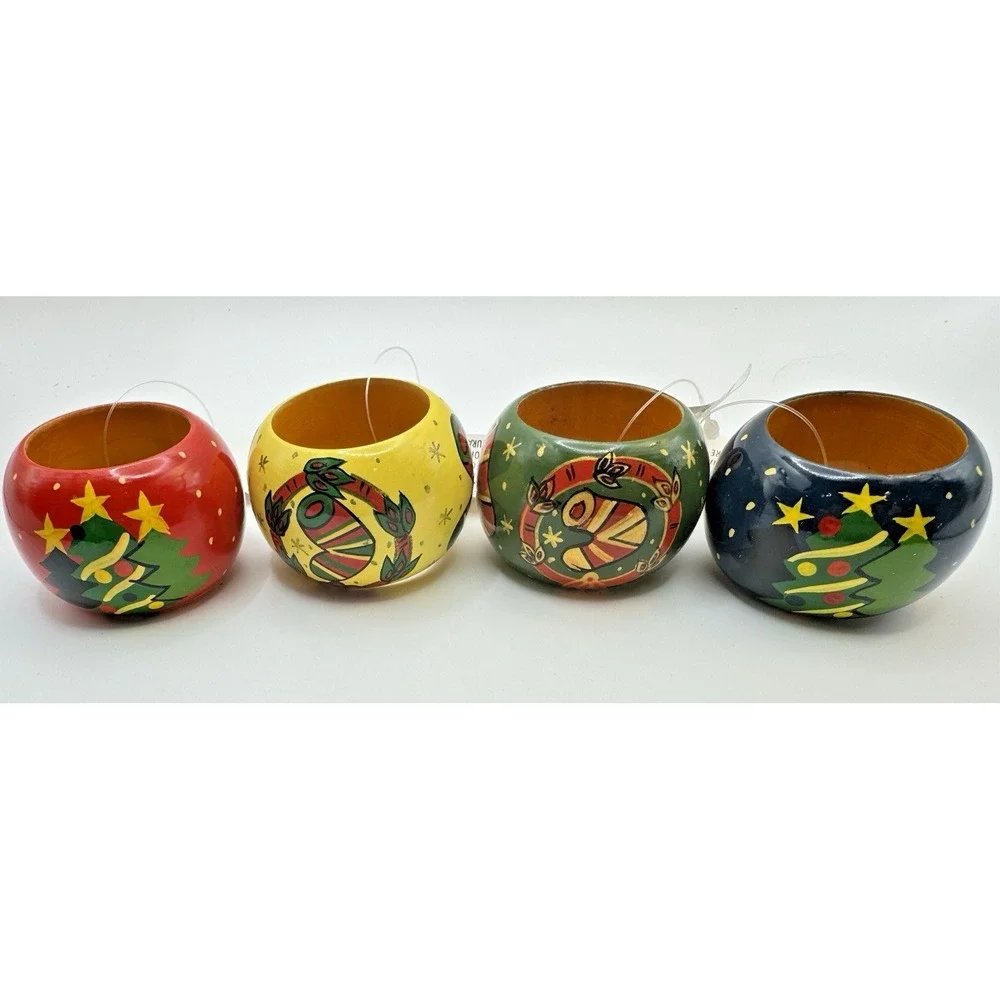 Christmas Napkin Rings Set 4 Lillian Vernon Wood Tree & Stocking Hand Painted